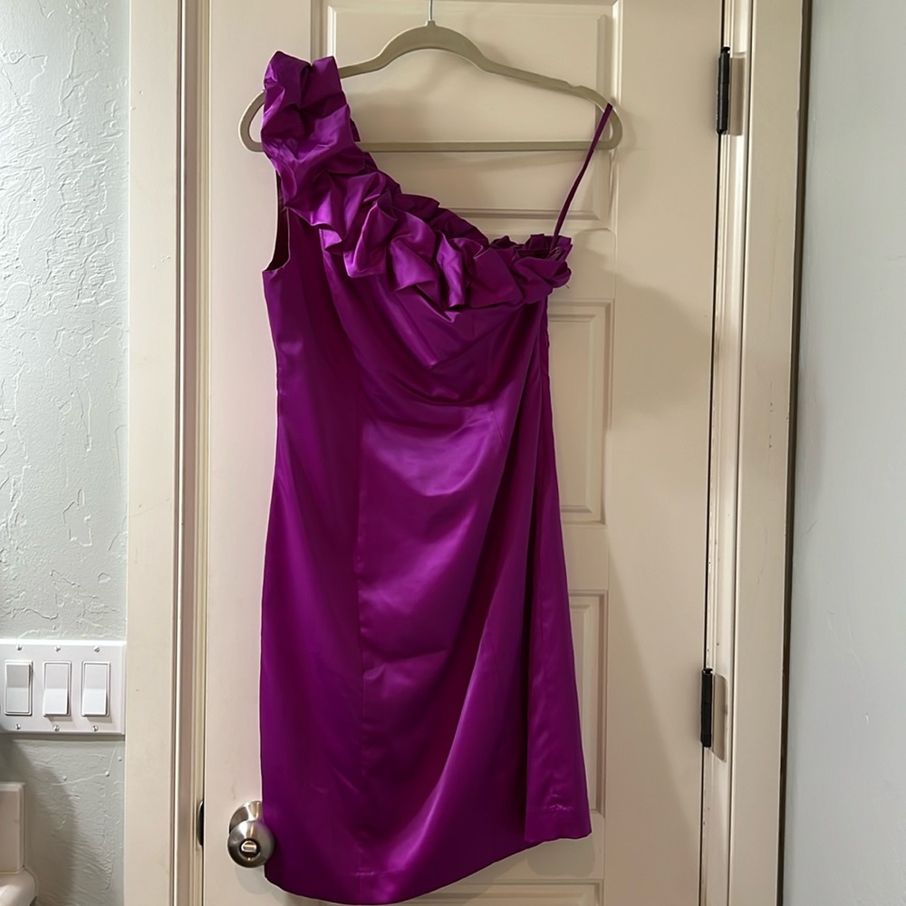 The Limited Women’s One-Shoulder Ruffle Satin Dress in Magenta
